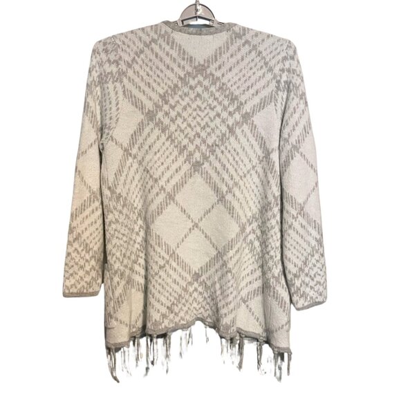 Adrienne Vittadini Gray Fringe Cardigan Sweater LARGE | Geometric Knit Boho Cozy - Picture 3 of 6
